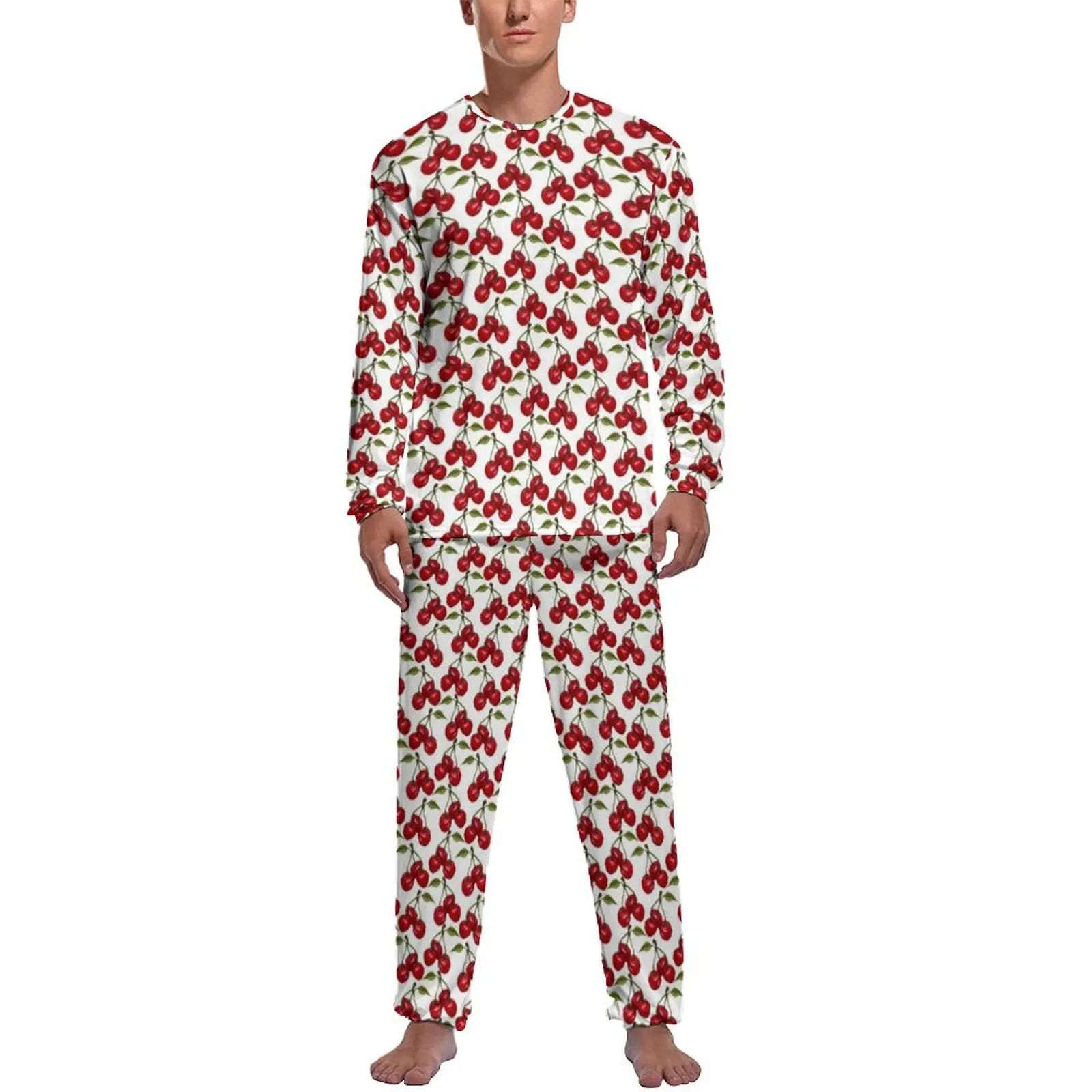 Watercolor Fruit Print Pajamas Pretty Red Cherry Man Long Sleeves Romantic Pajama Sets 2 Piece Casual Autumn Home Suit Gift