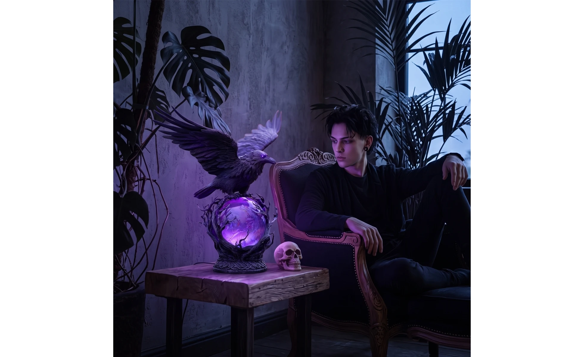 Crow Figurine with Light USB-Powered Crow Lamp Gothic Night Light LED Resin for Goths, Bedroom, Desk