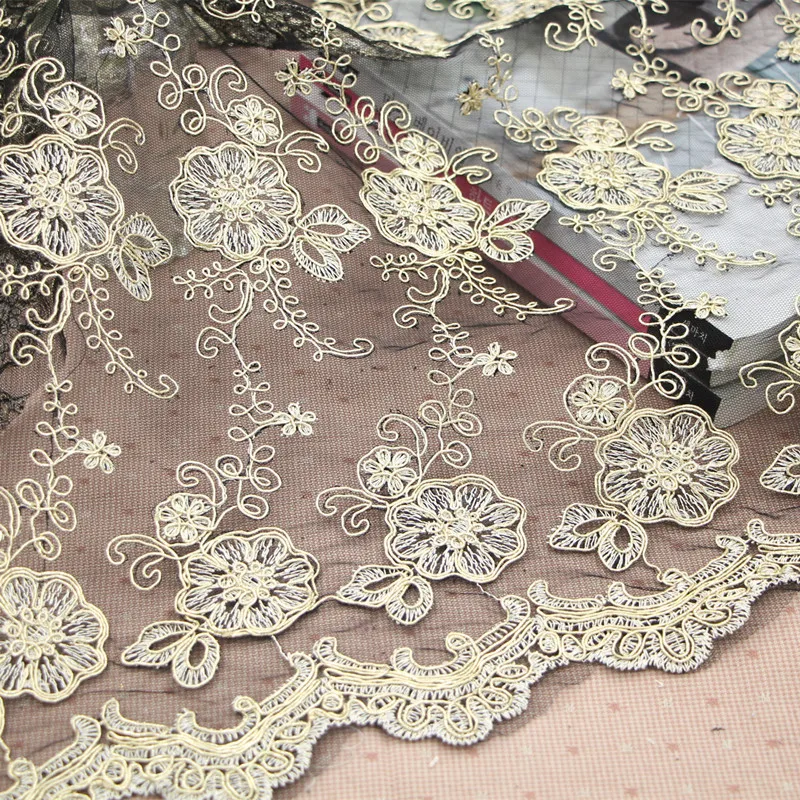 Tecido de renda bordado de malha dourada, vestido de casamento, saia de tule, tecidos para patchwork, kumas telas por metros