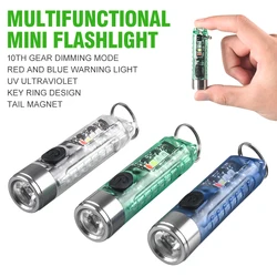 Mini linterna LED EDC multifunción, llavero portátil, linterna magnética, lámpara Uv recargable por USB, linterna de emergencia para acampar