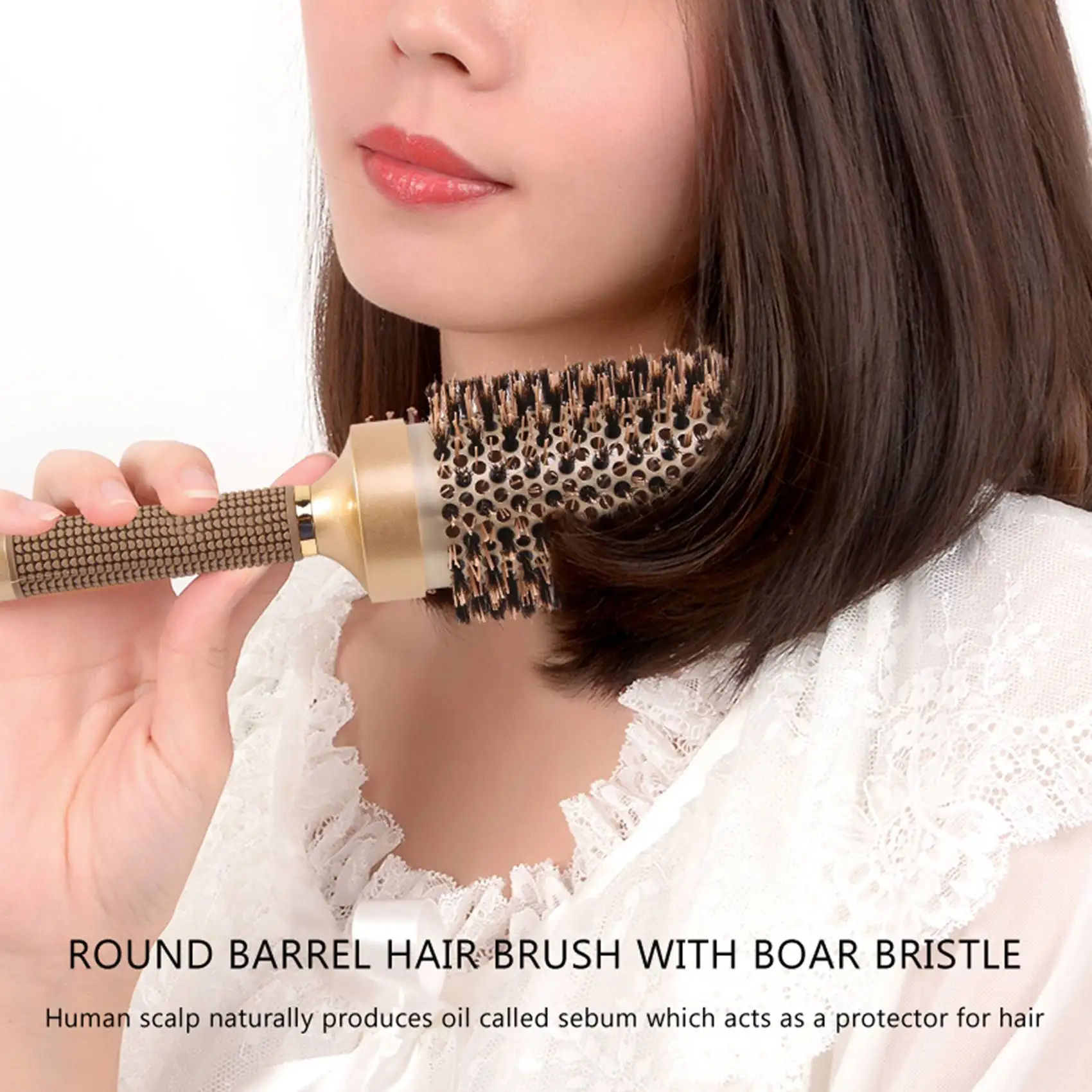 Round Barrel Hair Brush with Simulation Boar Bristle, for Hair Drying, Styling, Curling, Gold (2.1 inch)