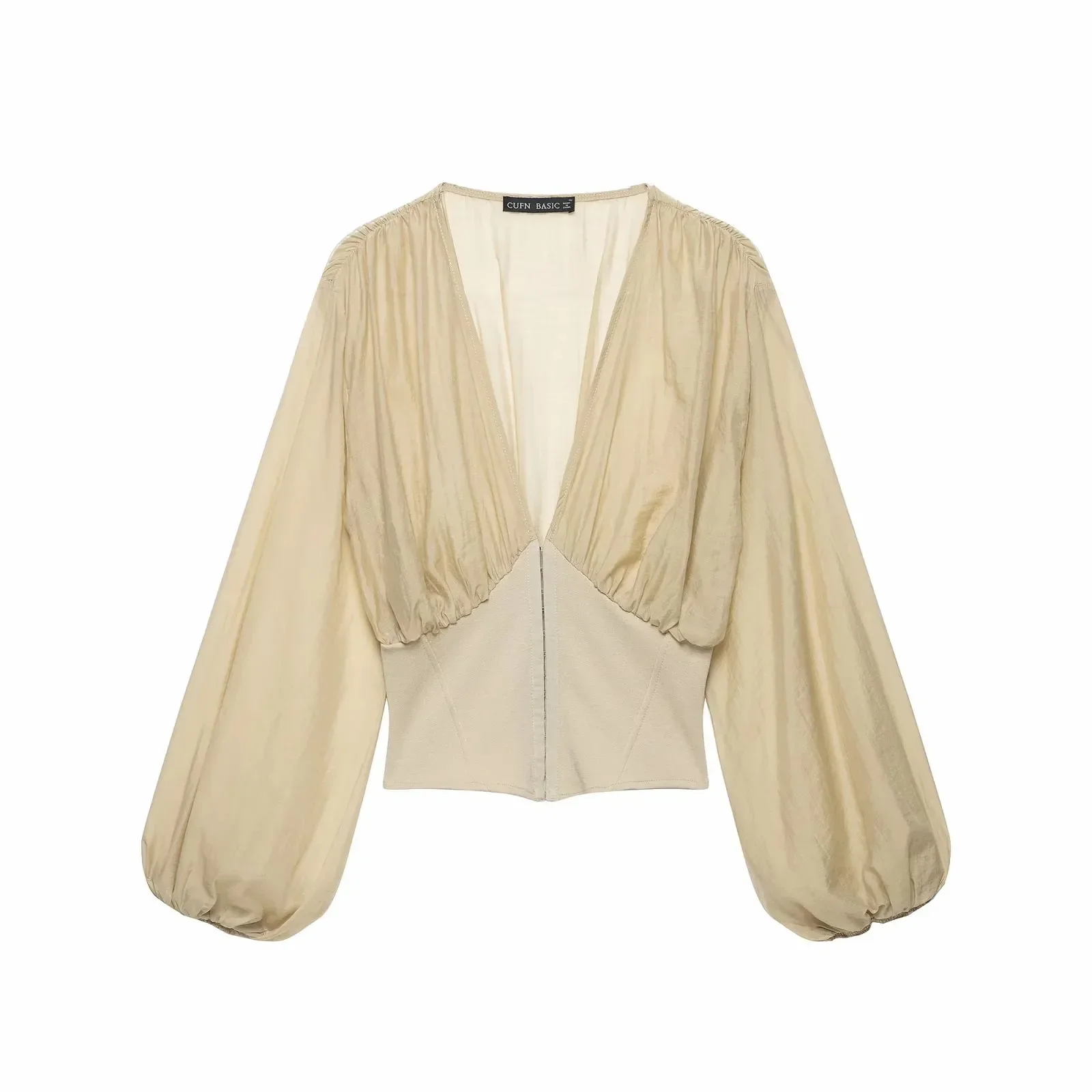 Herbst Damen Beige Korsett Slim Bluse Tiefer V-Ausschnitt Laternenärmel Oberteil Damen Kurzes Korsett-Top Elegantes Sexy Langarm-Damenhemd – Detail 1