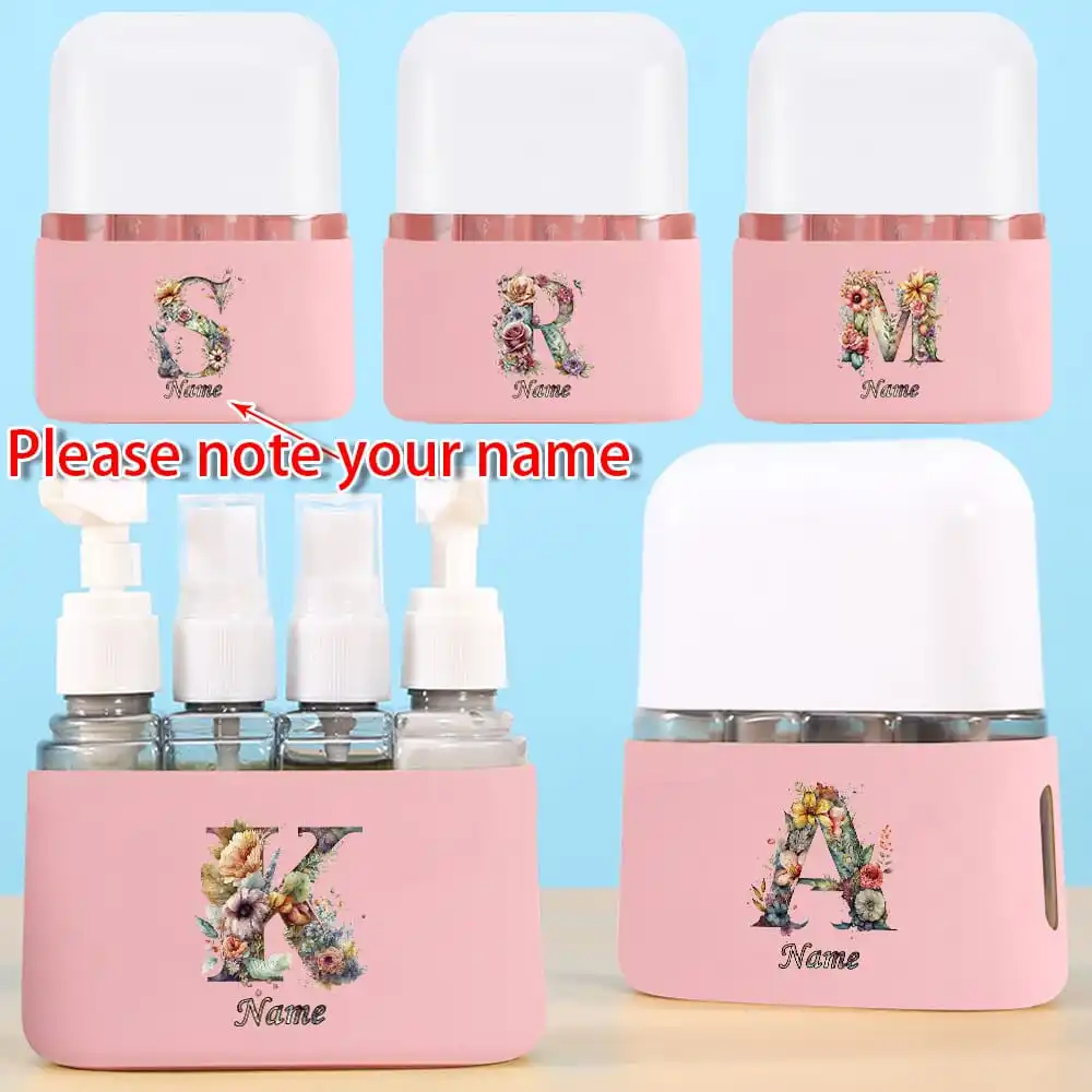 

Customized Name 4 in 1 Travel Split Bottle Set Portable Storage Box Refillable Shampoo Shower Gel Bottle Flower Letter Gift