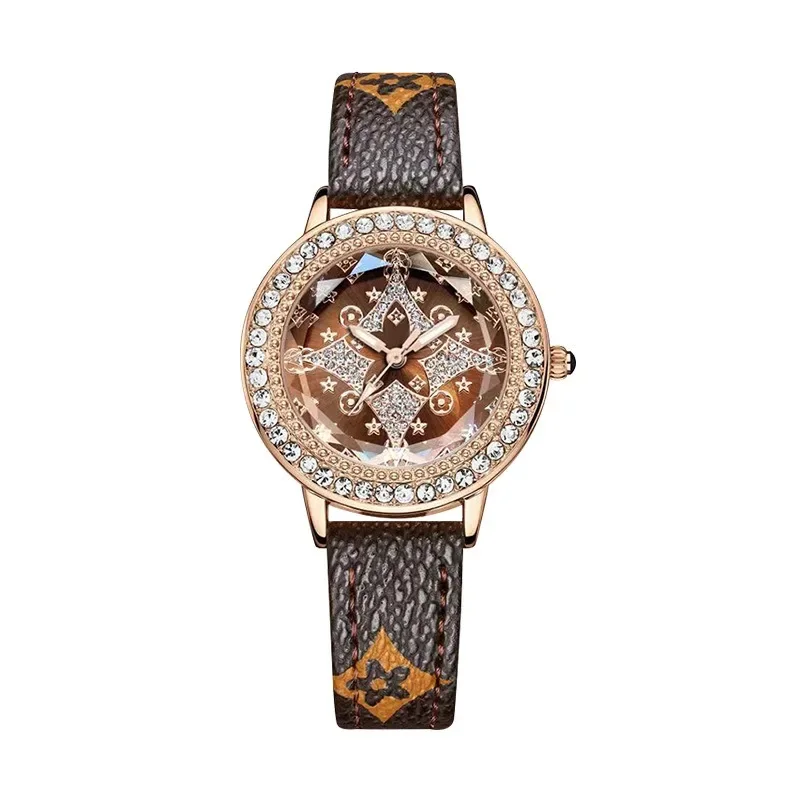 Reloj de cuarzo con diamantes de lujo para mujer, accesorio de pulsera resistente al agua con bandas de cuero genuino, 3 bares, estrella de la suerte