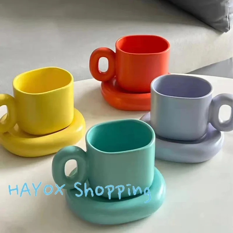 

Creative Solid Color Ceramic Coffee Cup Thick Saucer Afternoon Tea Dessert Tea Cup Breakfast Bread Milk Mug Couple Gift Mug Home