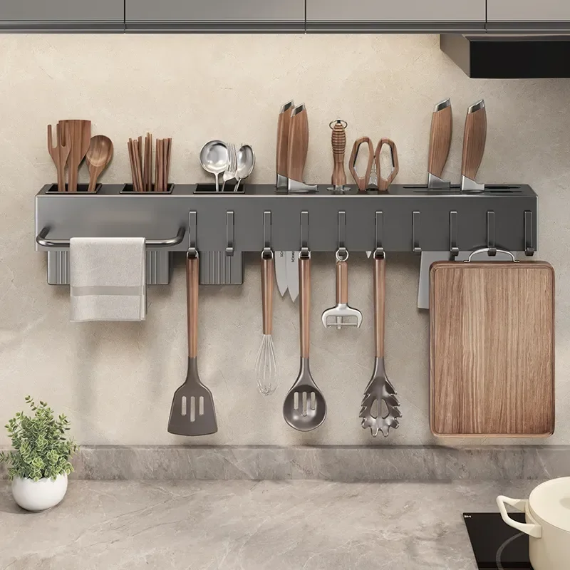 Wall Mounted Kitchen Shelf Non Punching Knife Holder Multi Functional Chopstick Container Integrated Household Storage Rack