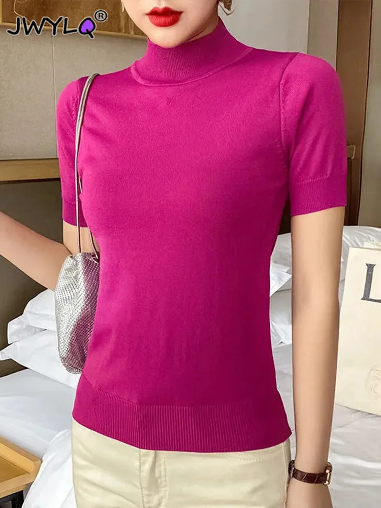 Summer Half High Collar Short Sleeve 10 Colors Knitted Top All-match Slim S-3xl T Shirt Women 2023 Fashion Thin Streetwear Top