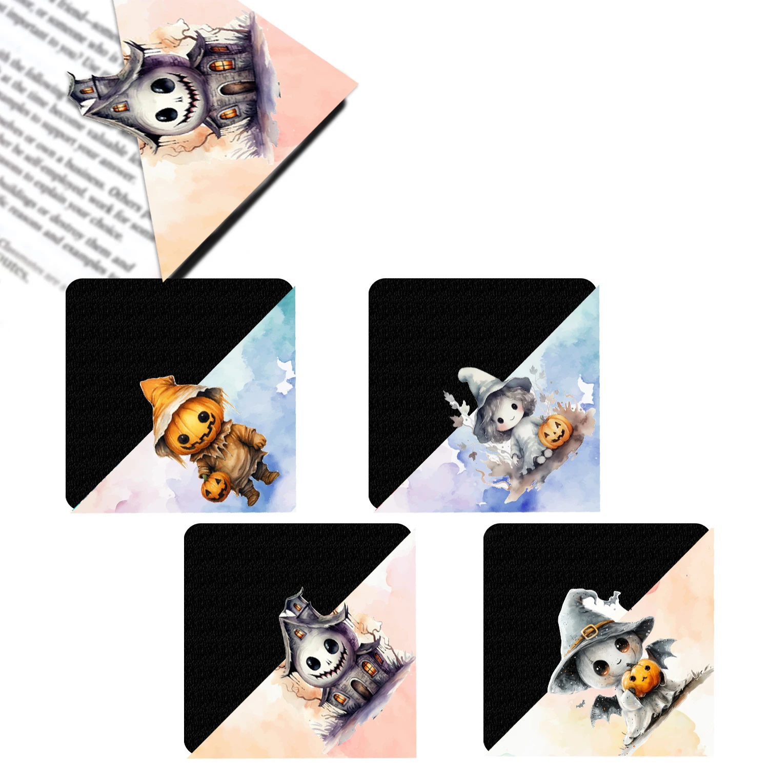 4 corner bookmarks, PU leather, Halloween pattern festival gifts, page marking available