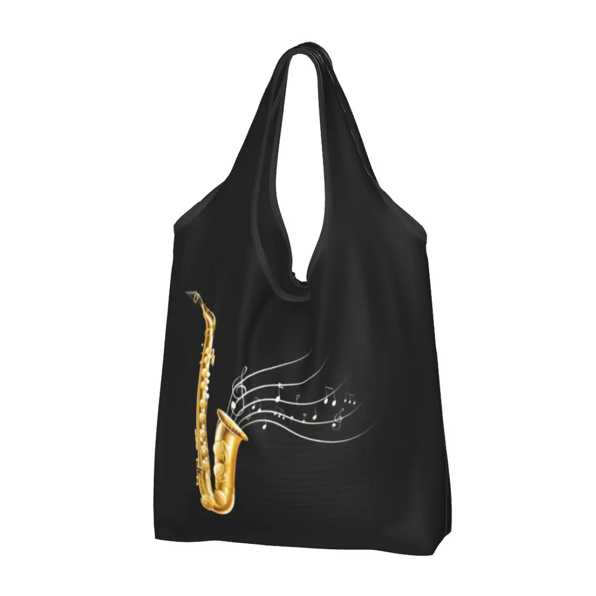 Kustom keren Saxophone dengan catatan musik tas belanja wanita portabel kapasitas besar bahan makanan Sax pemain Shopper tas Tote