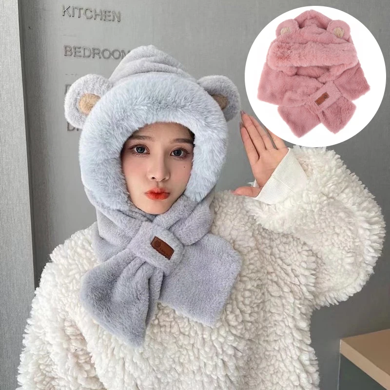 1Pc Bear Scarf One-piece Cap Thickened Warm Ear Protection Hat Cute Winter Hundred Riding Warm Supplies Girls Plush Hat