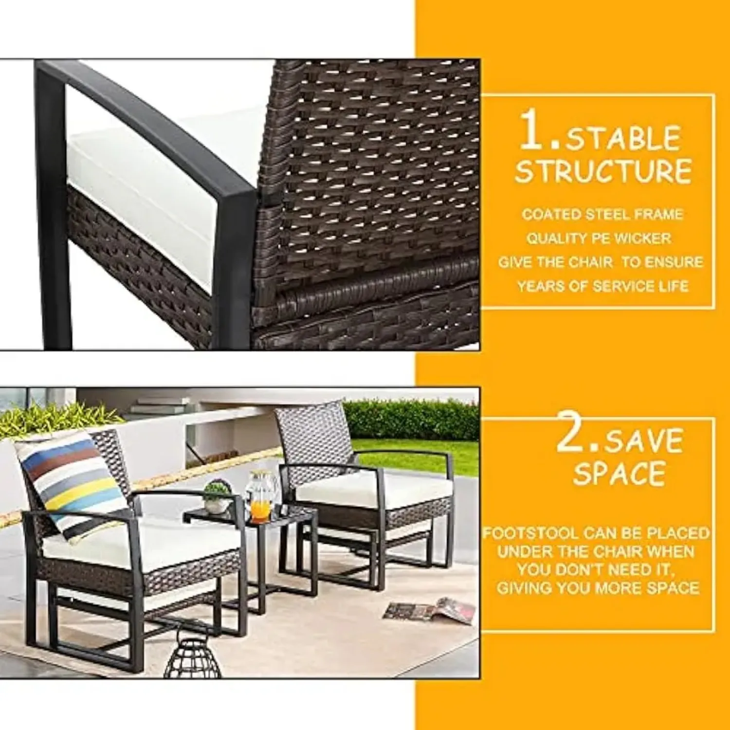 Patio Conversation Set 5 Pieces Outdoor PE Wicker Rattan Sofa Furniture Cushioned Chairs and Ottomans with Tempered Glass Table