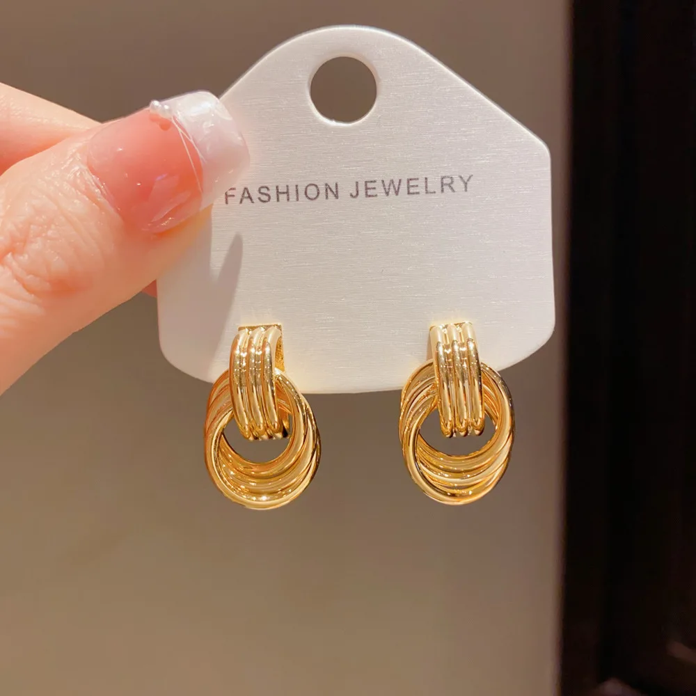 French Retro 14k Gold Plated Metal Geometry Hiphop Stud Earrings For Women Party Minimalist Fashion Jewelry