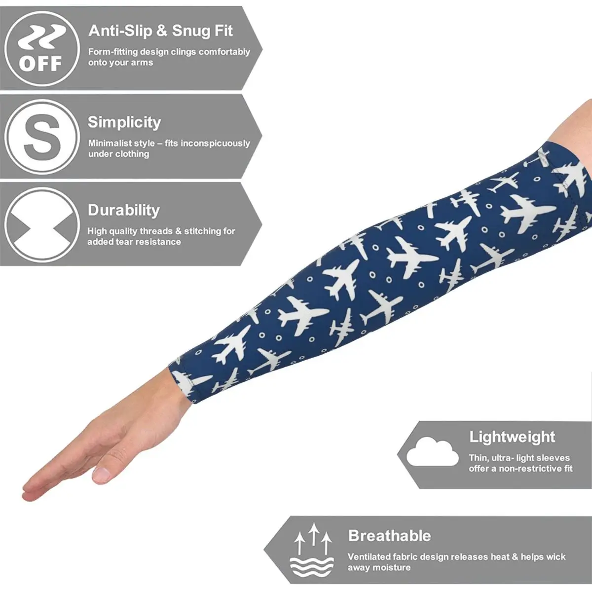 Blue And White Aeroplanes Silhouette Pattern Arm Sleeves Men Women Sun UV Protection Tattoo Cover Up Sports Cooling Cycling