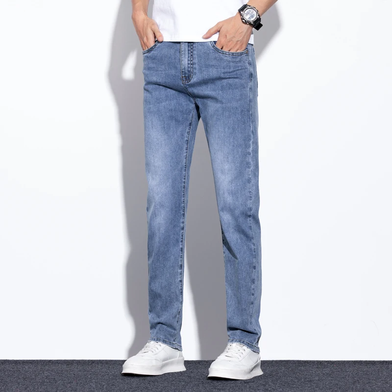 جينز قطني مرن للرجال عالي الجودة موضة أزرق فاتح مريح للأعمال سراويل مستقيمة غير رسمية سراويل ماركة فاخرة