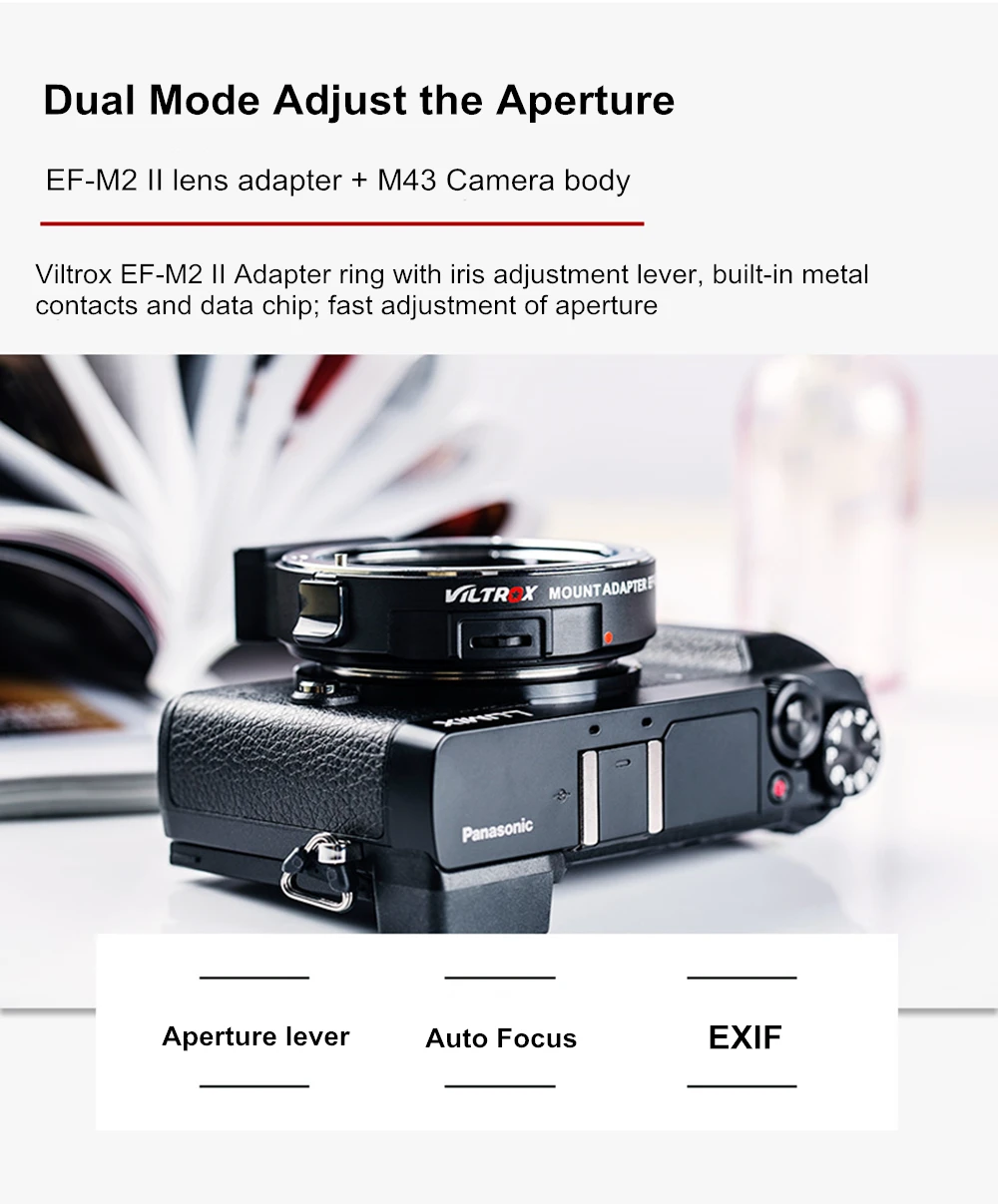 Viltrox EF-M2II Adaptador de refuerzo de velocidad de 0,71x, reductor focal, enfoque automático para lente de montaje Canon EF a cámara Panasonic Olympus M43