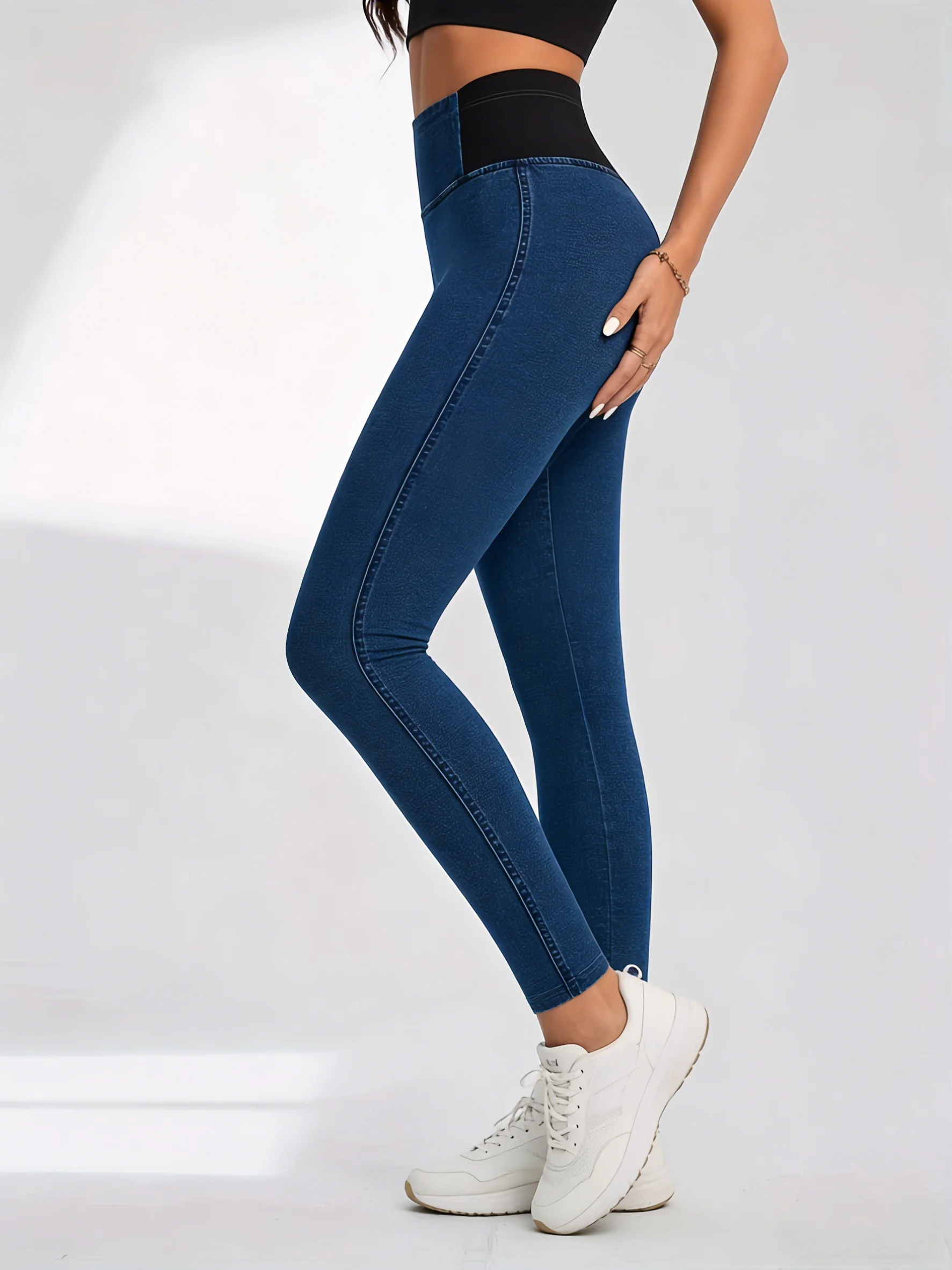 Women Spring Elastic Waist Imitation Denim Slim Stretch Pants Vintage Pencil Non-Denim Leggings quick drying breathable pants - Image 3