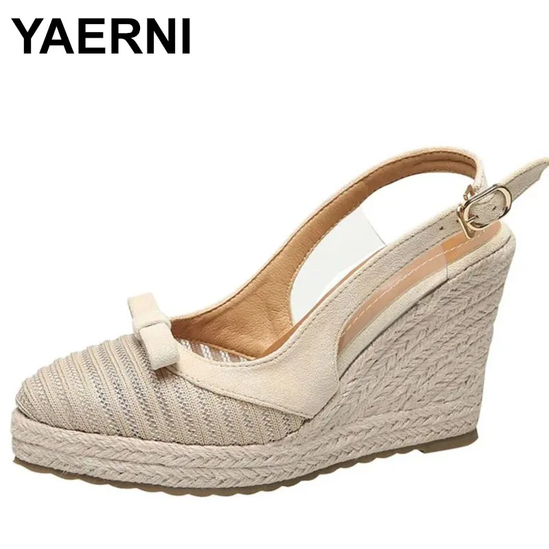 

Женские босоножки на танкетке, новая мода, соломенная тесьма, толстая подошва, туфли с бантом, однолинейная пряжка, высокие каблуки