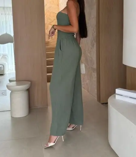Summer 2025 new double-layer pure cotton solid color single neck pocket waist jumpsuit women's clothing
