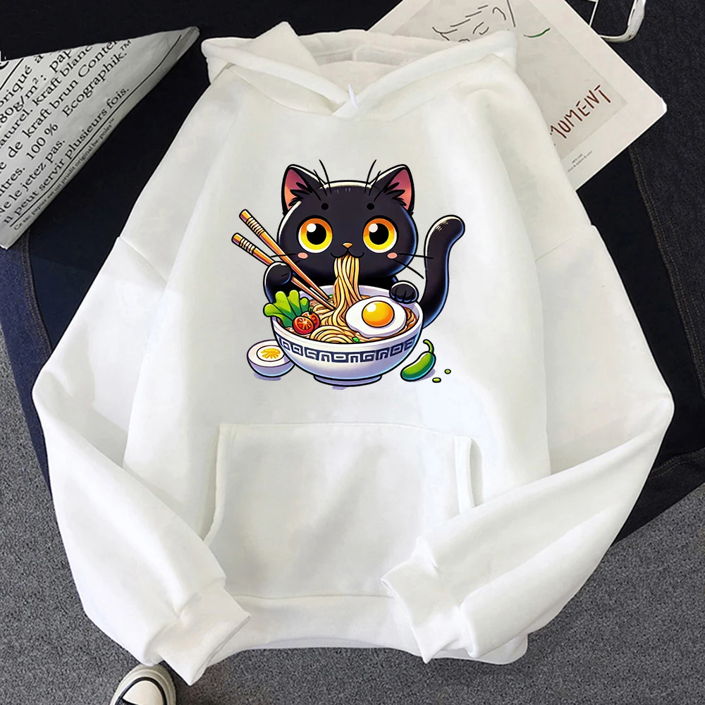 Kat Ramen Hoodie Vrouwen Harajuku Grappige Leuke Grafische Noodle Hoodies Unisex Japanse Anime Esthetische Noodle Truien Sweatshirts