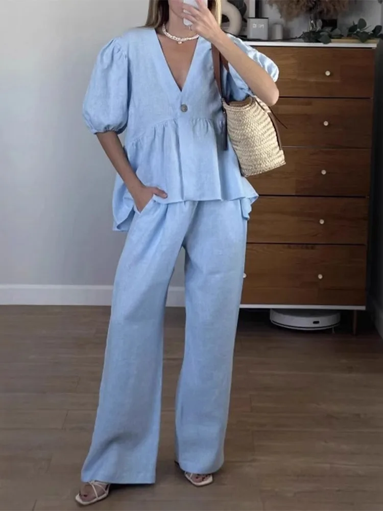 

Женский хлопковый комплект из двух предметов с v-образным вырезом и короткими рукавами-фонариками, блузка на одной пуговице с высокой талией и карманами, женский костюм, летняя одежда, уличная одежда