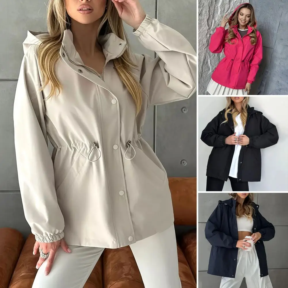 Women's Activewear Jacket Lightweight Windbreaker Jacket for Women with Snap Buttons Zip-up Hoodie Waist Drawstring Windproof