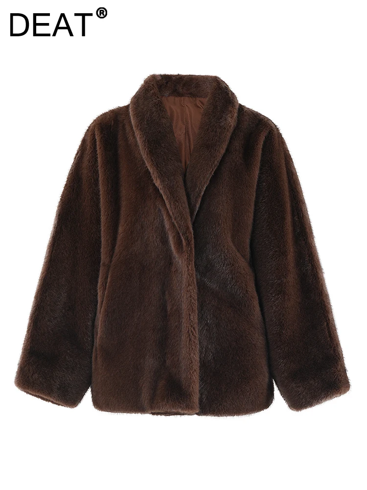 DEAT Fashion Women\'s Brown Fur Jackets V-neck Loose Fit Covered Button Long Sleeves Short Faux Fur Coat Winter 2024 New CPG1940