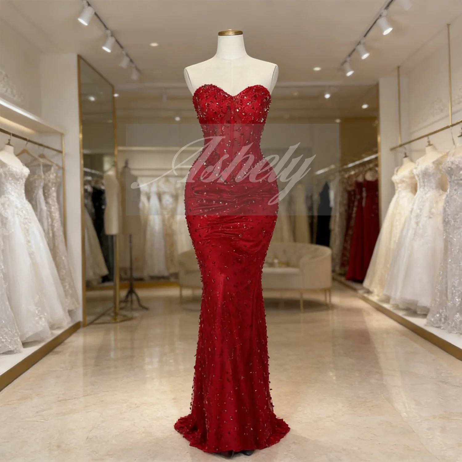 

New Red Mermaid Evening Gown Sweetheart Crystal Full Length Women Formal Occasion Wear Wedding Guest Party Dress Robe Customized