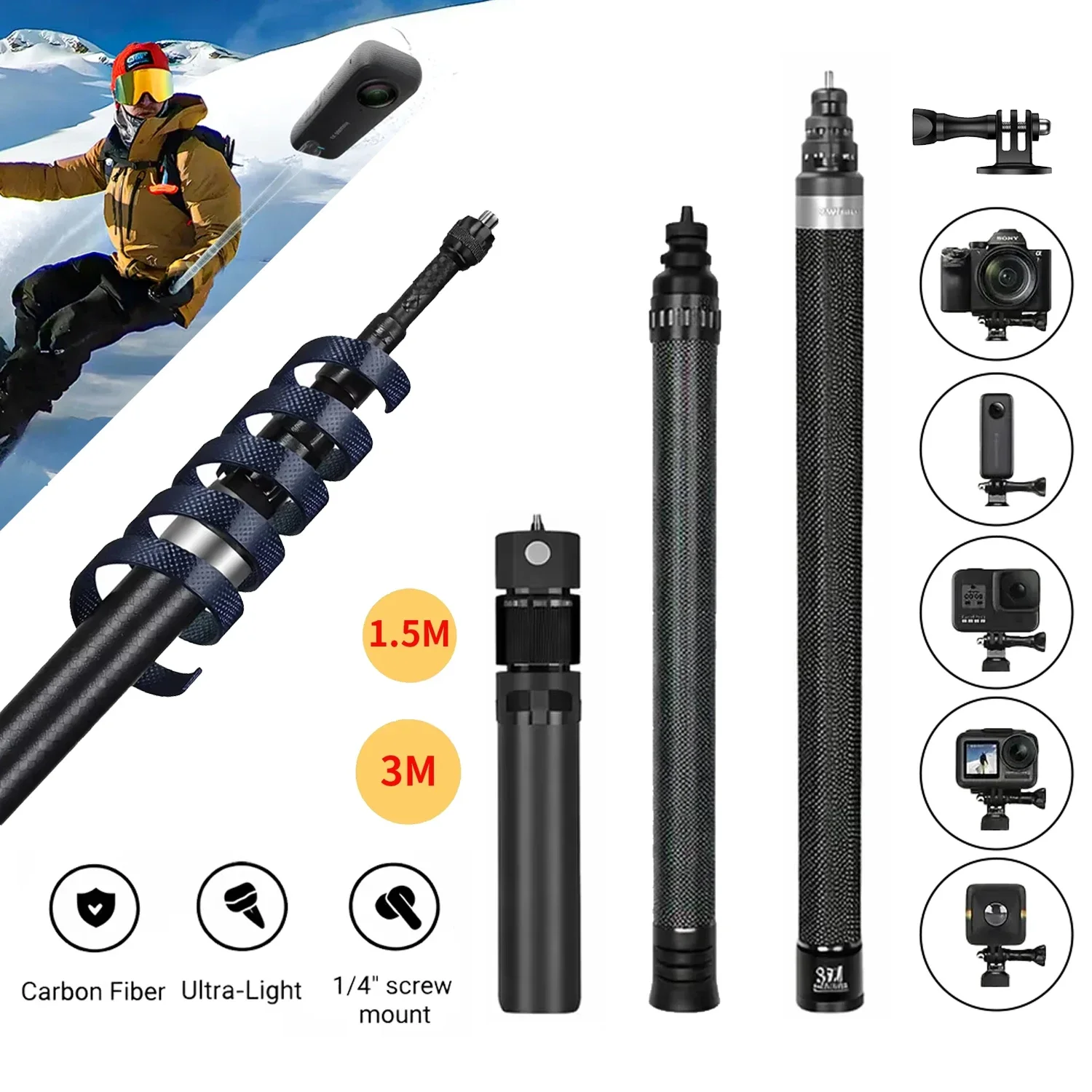 For Insta360 x5 x4 x3 Carbon Fiber Invisible Selfie Stick 1.