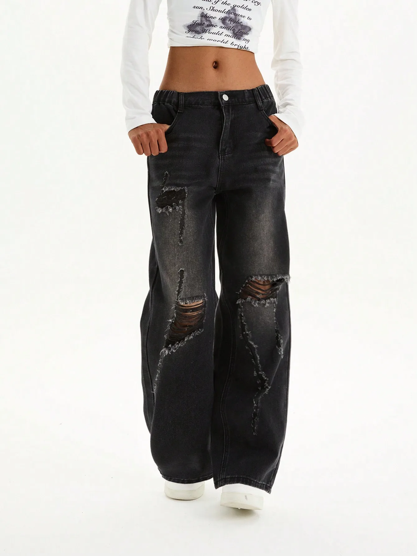 

Washed Black Vintage Hole Straight Leg Pants for Teens And Tweens Loose Long Casual Wide Leg Denim Jeans for Girls