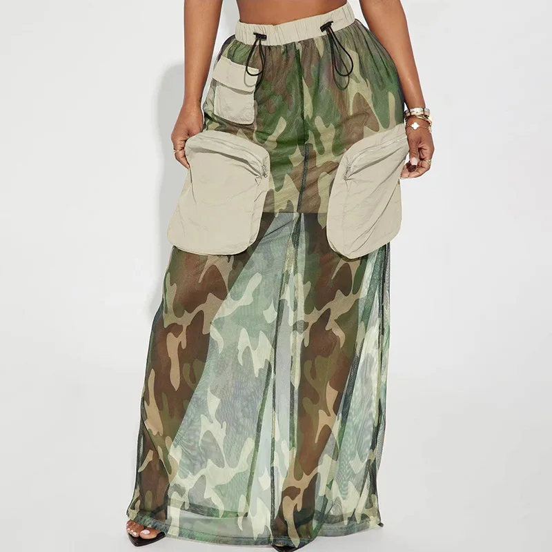 

Mesh PersPective Light And Thin Camouflage Printed HigH Waisted Drawstring Patchwork Pocket Loose Street Work Style Long Skirt