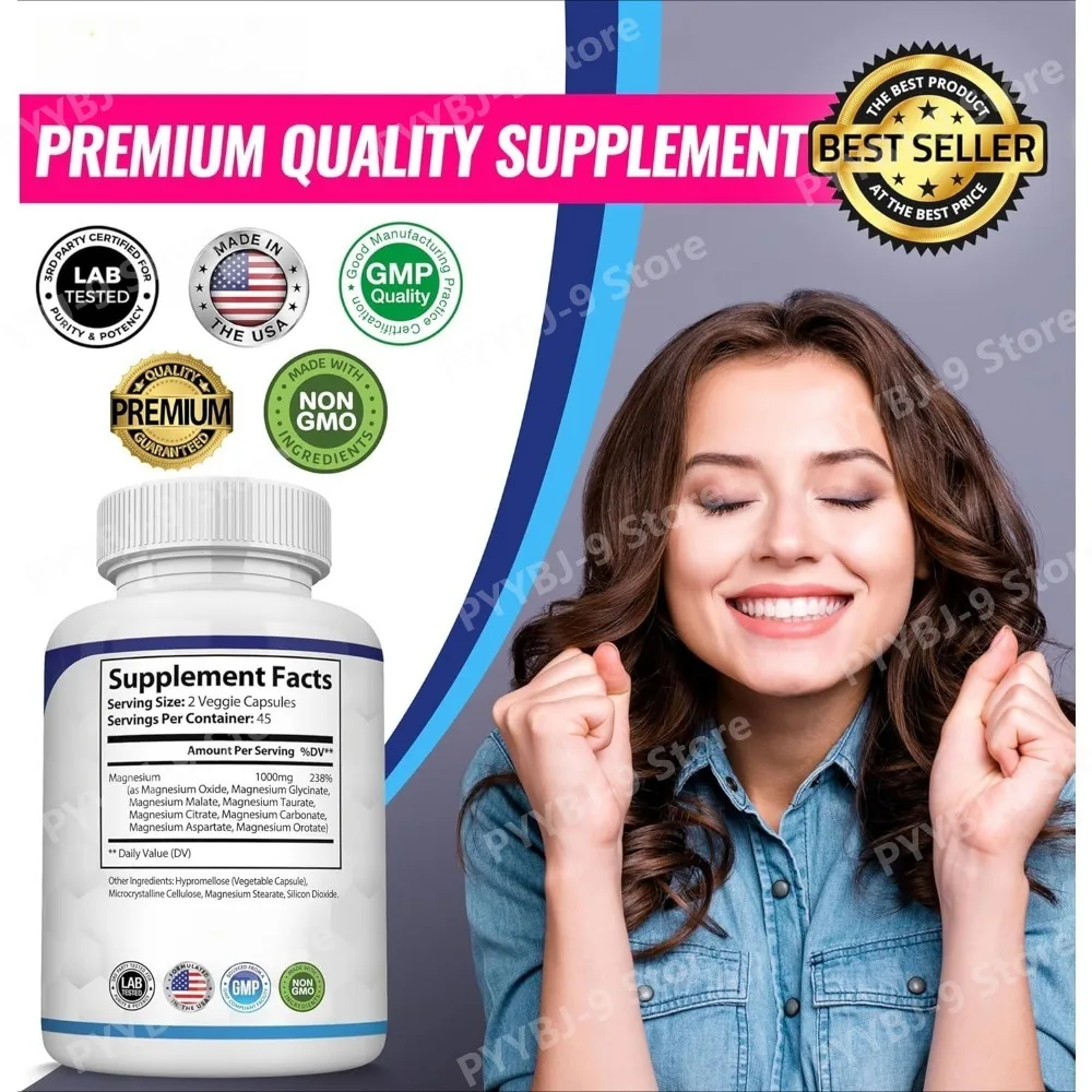 Full Spectrum Magnesium Blend 1000mg Featuring 8 Essential Types for Body Function Balance, Active Lifestyle Support 90 Capsules