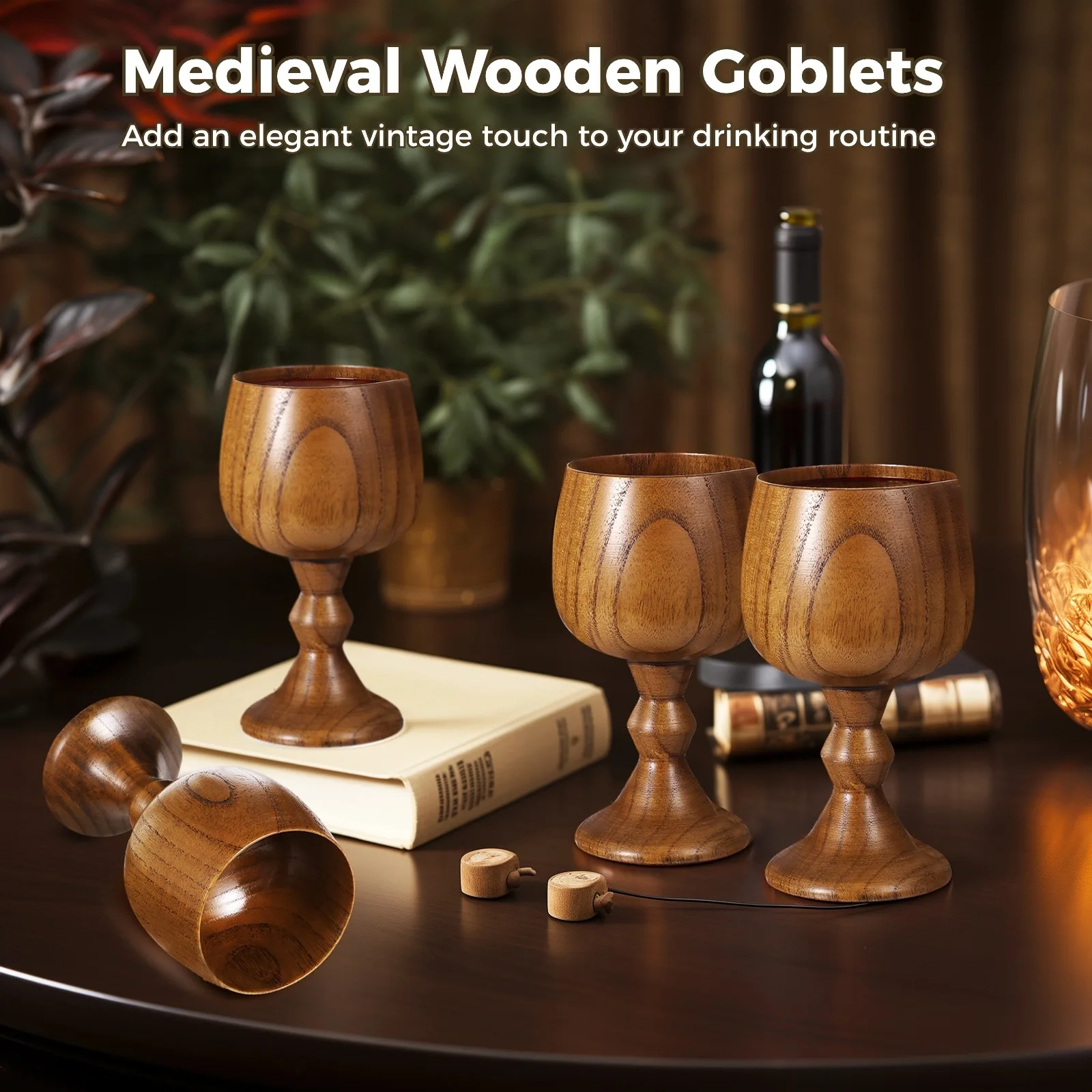 Verres à vin de jujube en bois vintage, gobelets médiévaux, calices en bois massif, verres à boire rétro, standardisation, 5.1oz, 4 pièces