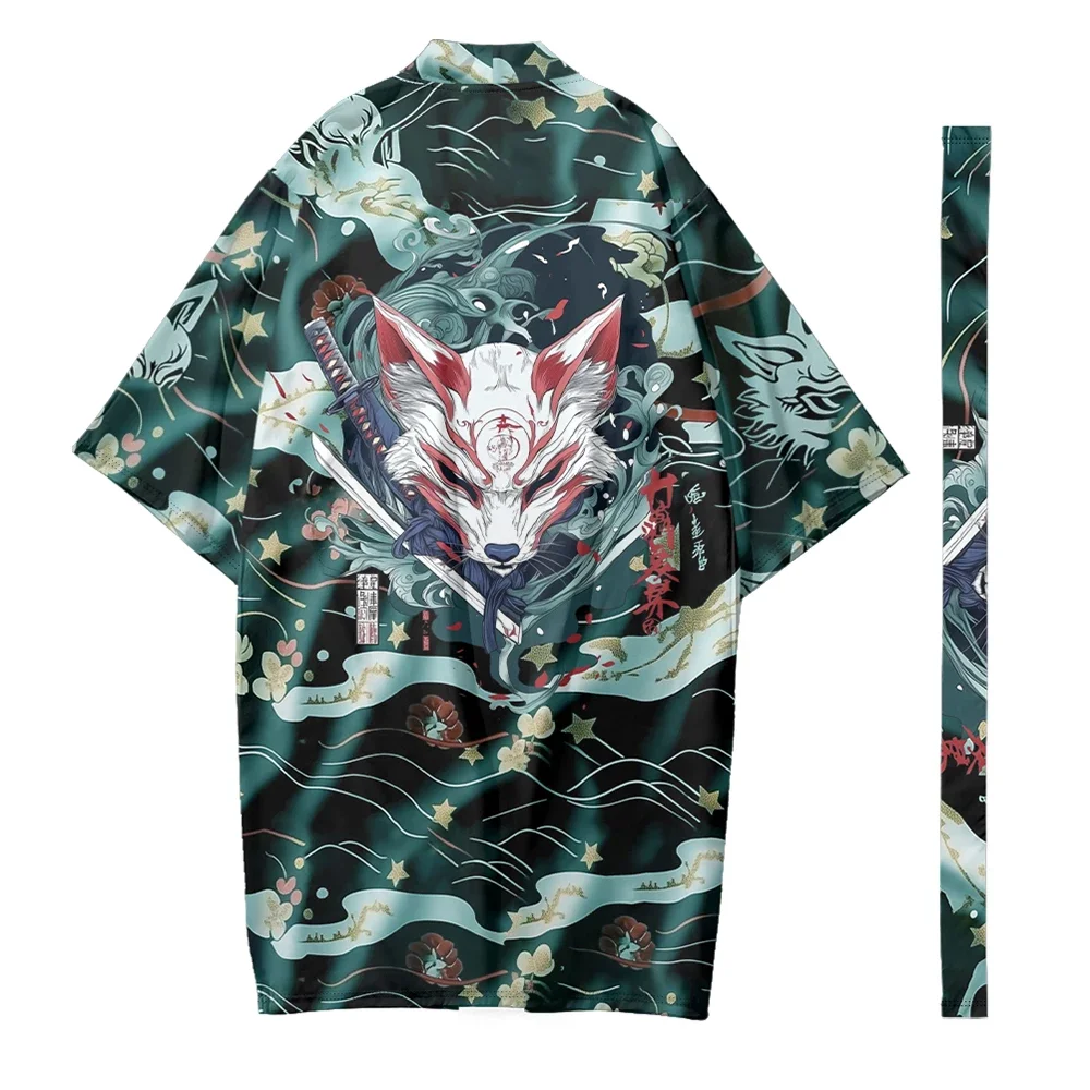 

Autumn Samurai Kimono Cosplay Japanese Fashion Long Kimono Unisex Cardigan Stylish Haori Vintage Kimonos Fox Print Robe Yukata