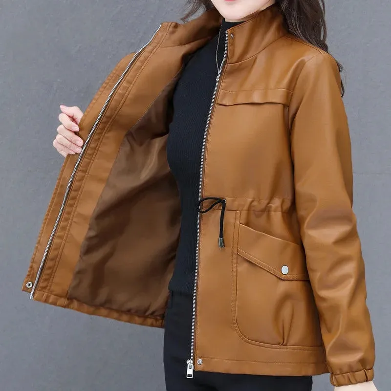 Women\'s PU Leather Jacket New Autumn Stand Collar Leather Coat Female Mid-length Faux Leather Coat Casual Leather Windbreaker