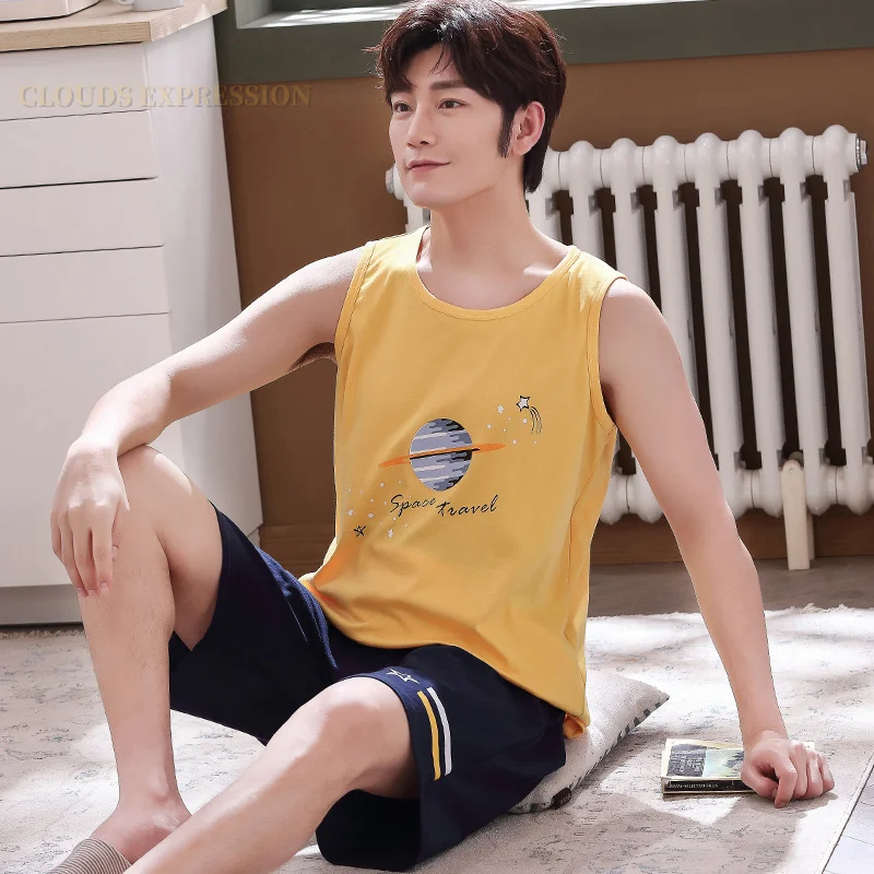 Summer Men Pyjamas 100%Cotton Striped Pajamas Set Casual Sleeveless Sleepwear Pyjamas Night Suits Pijamas Plus Size 4XL Home PJ