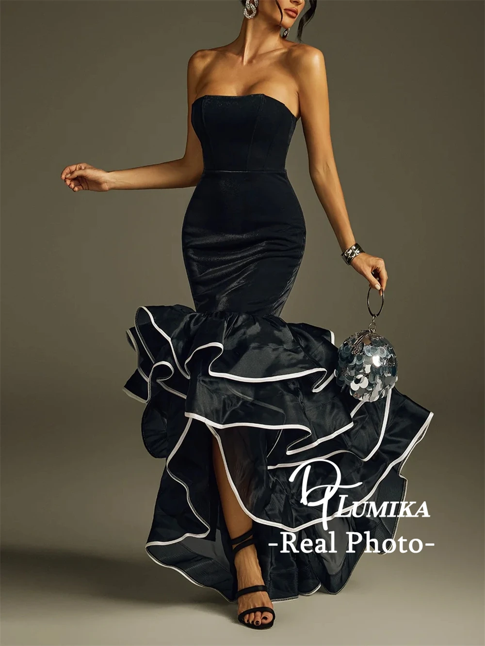 DTLumika - Strapless Ruched Maxi Dress for Women Black Formal Dresses, Party Prom Gowns with Real Images Birthday Gown