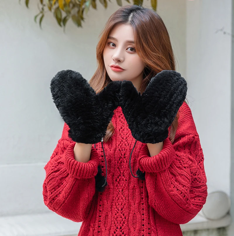 Women's Winter Real Rex Rabbit Fur Gloves Warm Thick Ladies Fur Mittens Elastic Girls Ski Glove Mitts Elastic Soft With String