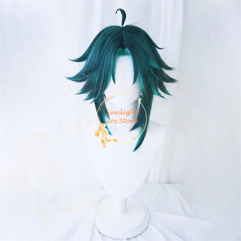 Game Xiao Cosplay Wig Short Green Mixed Anime Cosplay Wigs Xiao Stikers Heat Resistant Synthetic Hair Halloween Wig + Wig Cap