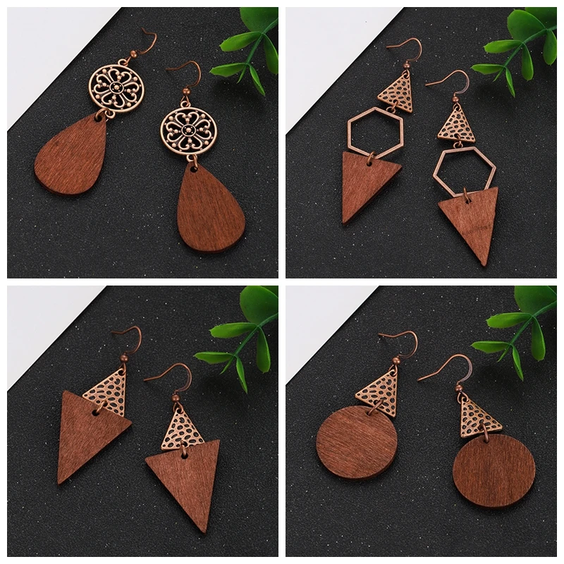 Ethnic Women's Natural Wooden Drop Earrings Vintage Geometric Round Triangle Wood Dangle Earrings Jewelry for Female Gift