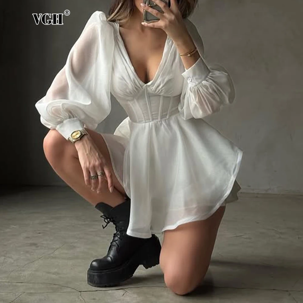 

VGH Sexy Slimming Solid Mini Dresses For Women Deep V Neck Long Sleeve High Waist Spring Elegant Dress Female Fashion Style New
