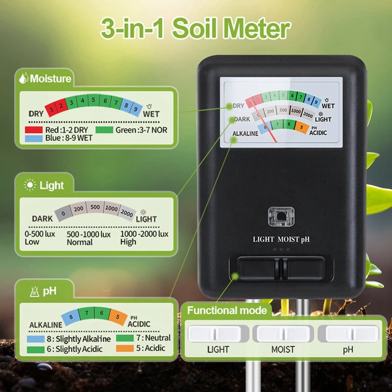 3-In-1 Soil Meter Moisture Light And PH Tester For Indoor Outdoor House Plants Garden Lawn Farm No Battery Needed