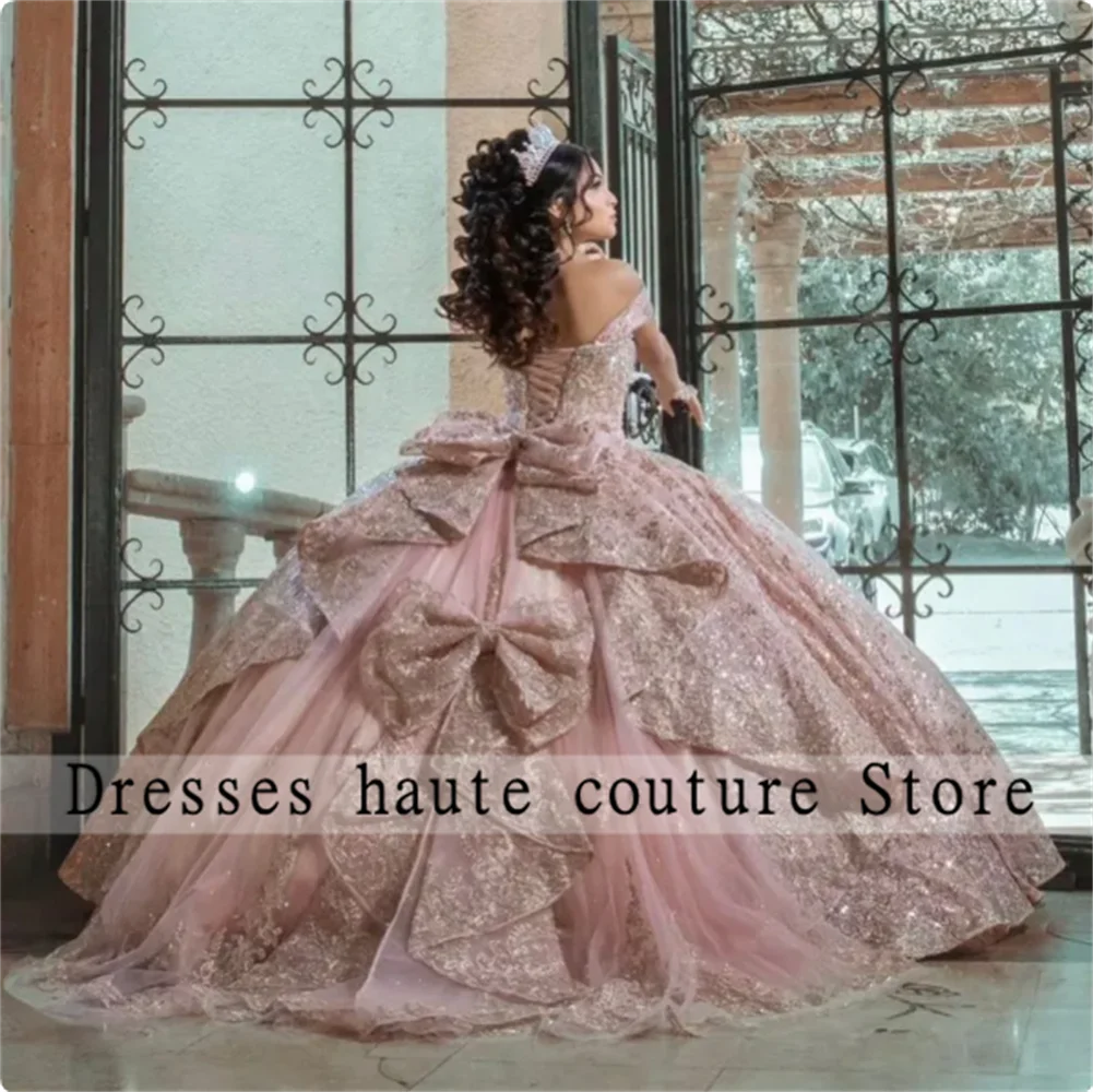 Pink Ball Gown Quinceanera Dress 2023 Tulle Appliques Flowers Bow Off Shoulder Sweet 15 16 Years Birthday Party Formal Dresses