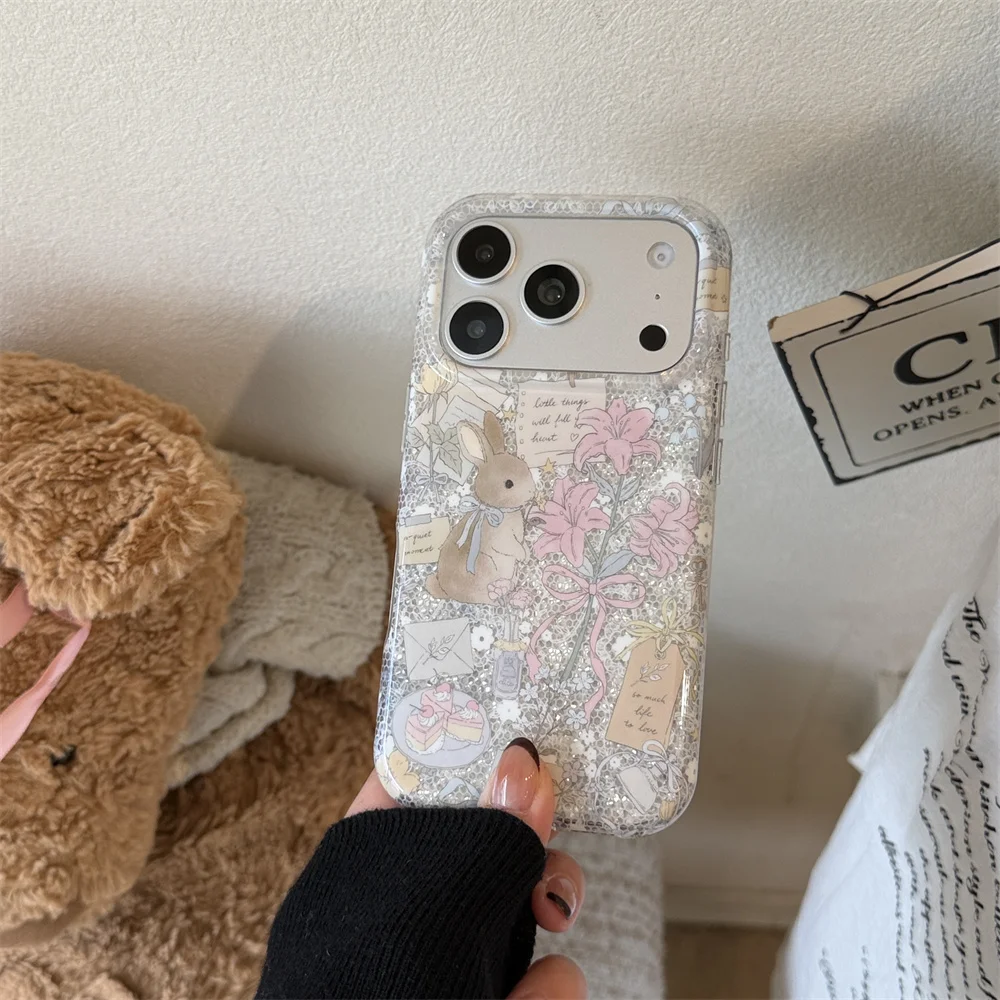 Fashion Korea Cute Cartoon Rabbit Glitter Phone Case for iPhone 18 17 Pro 16 Max 15 16 17 18 Pro Max Shockproof Cases Cover