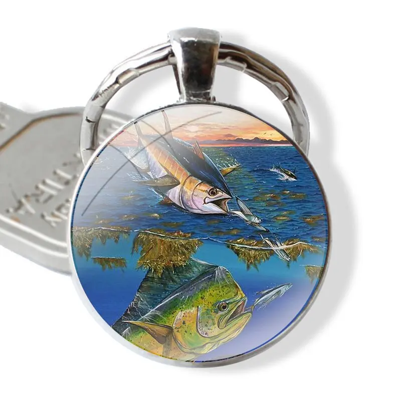 Keychain Glass Cabochon Metal Pendant Classic Men's Women's Keyring Hunting Fishing art fish