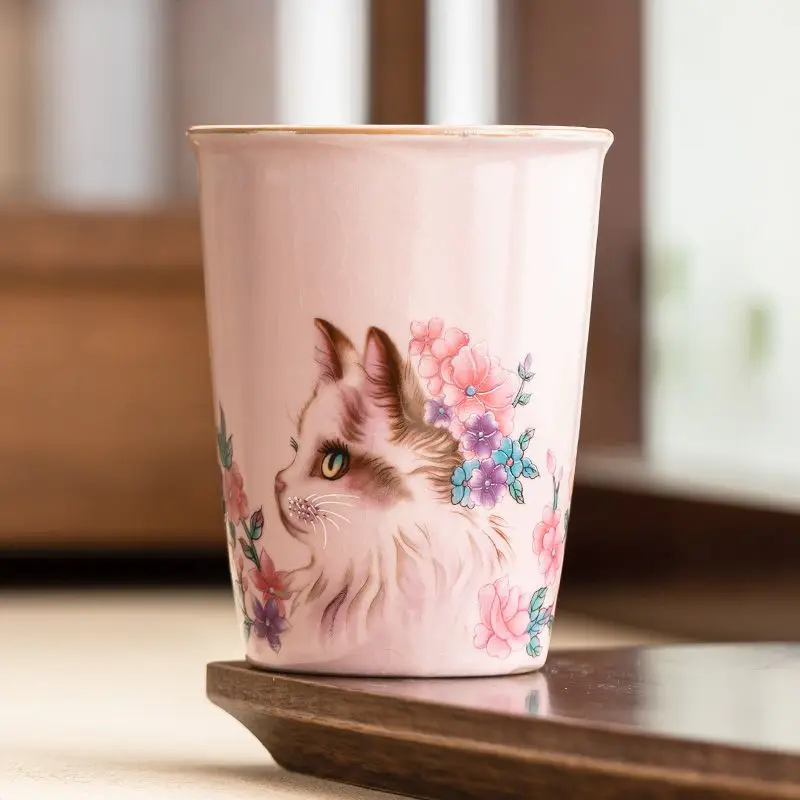 

Ru Kiln Flower Cat Cola Cup, Opened For Nourishing, Ceramic Mug, Straight Mouth Tea Set, Large Capacity Office Water Cup