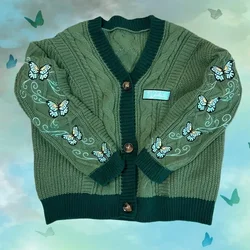 Butterfly Knitted Cardigan Women Dark Green Cardigans with Embroidery Winter Letter Patch Oversized Sweaters Tops Folklore Girl