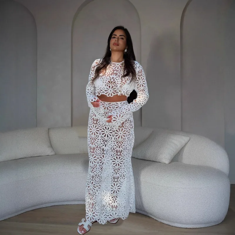 

Hollow Out Floral Lace Crochet Holiday Beach 2 Piece Set Cover Ups Women See Through O Neck Long Sleeve Crop Tops + Maxi Skirts