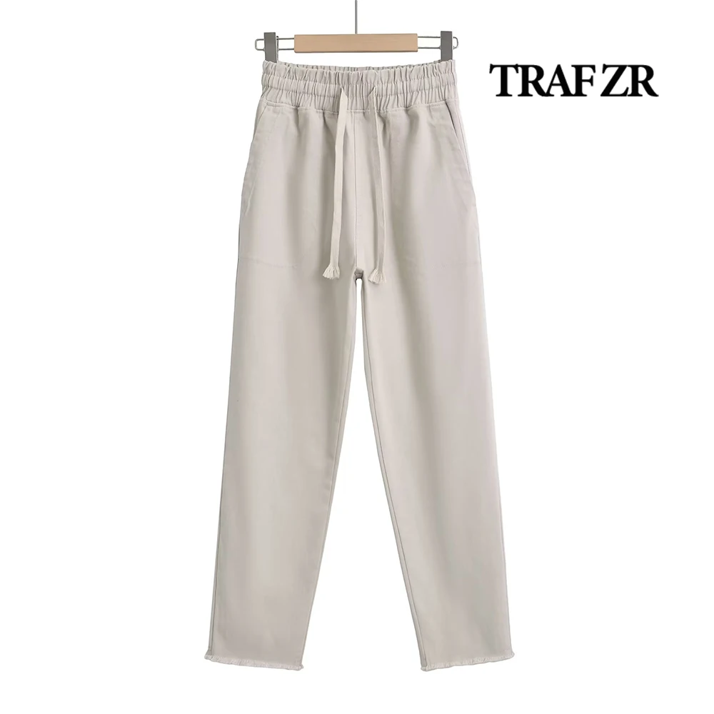 

TRAF ZR Casual Mid-Rise Cropped Joggers Adjustable Elestic Drawstring Waistband Y2k Capris Pants Frayed Hem Pencil Slacks