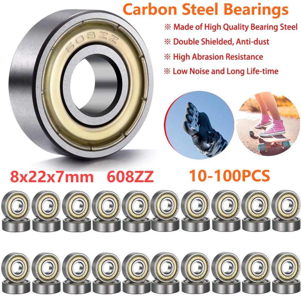 10-100pcs 608ZZ Ball Bearings Carbon Steel Single Row 8x22x7mm ABEC-7 Deep Groove Miniature Bearings Hard for Skateboard Scooter