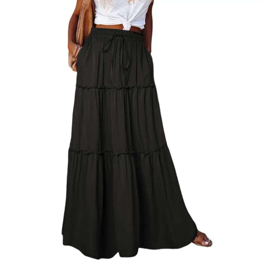 Women High Waist Elastic Waistband Maxi Skirt Solid Color A-Line Skirt Ruffle Stitching Holiday Party Long Skirt Streetwear